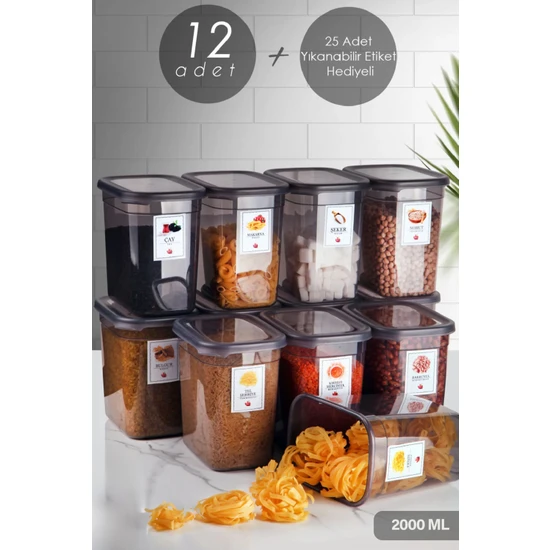 Kitchen Life 12'li Etiketli Moly Dikdörtgen Erzak Saklama Kabı Seti 2000ML -Çoklu Set Yapılabilen Kapaklı 2 Litre