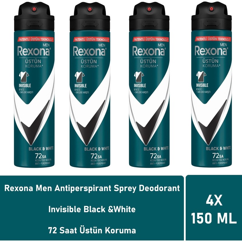 Rexona Men Deodorant Invisible Black White 150 ml - 4'lü Paket