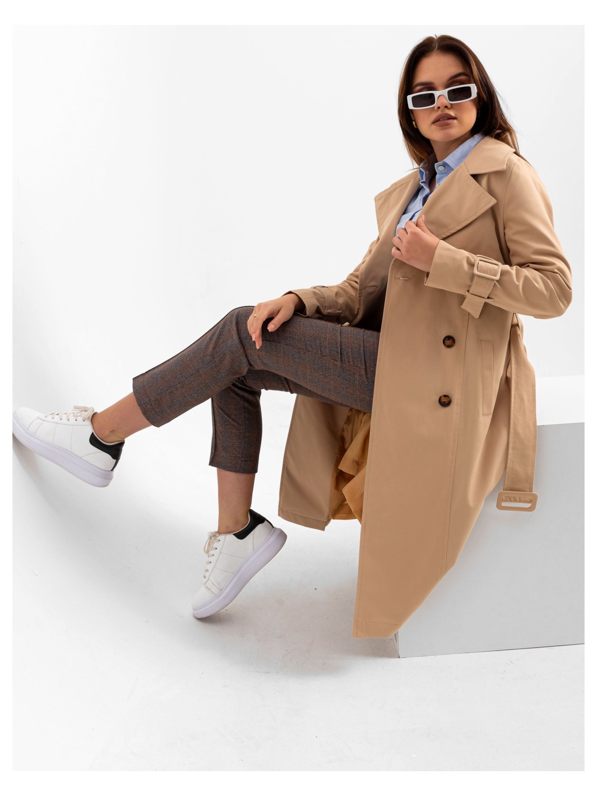 Pastelastore Pamuk Gabardin Uzun (110CM) Astarlı Kemerli Kadın Trençkot 1111