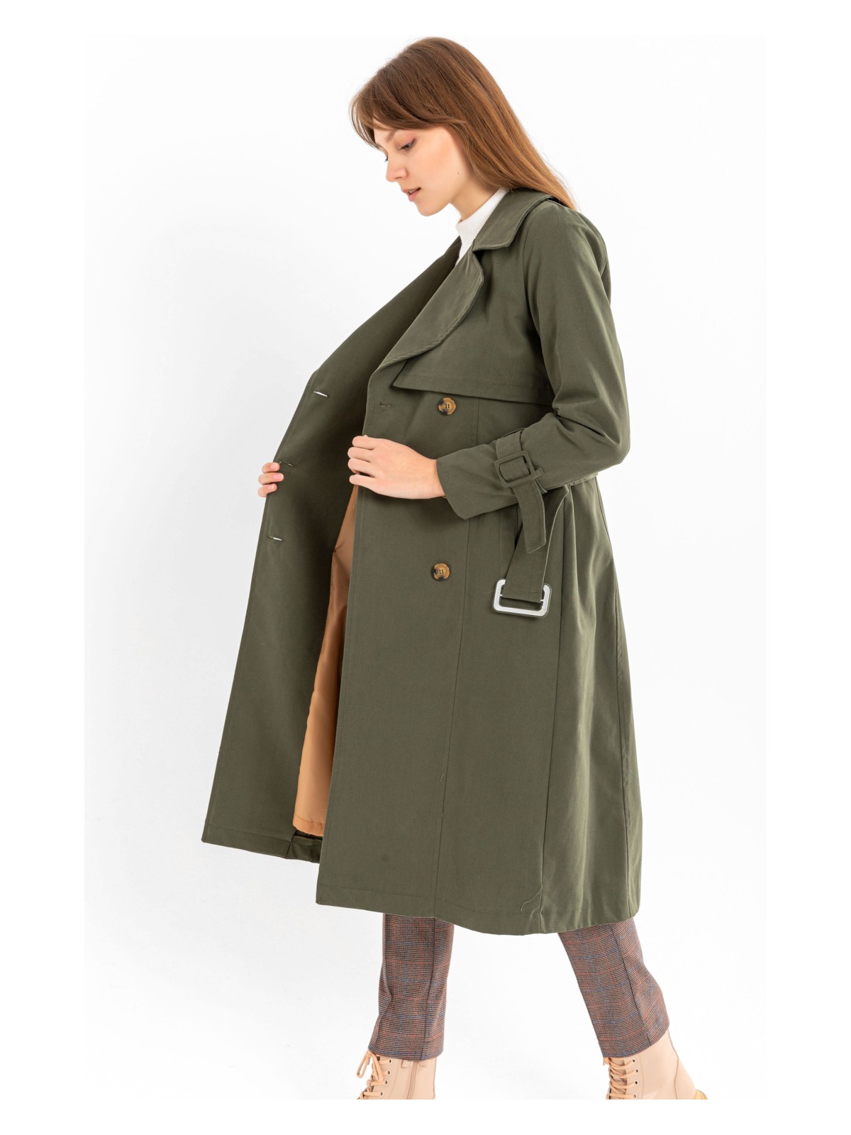 Pastelastore Pamuk Gabardin Uzun (110CM) Astarlı Kemerli Kadın Trençkot 1111 - Görsel 9