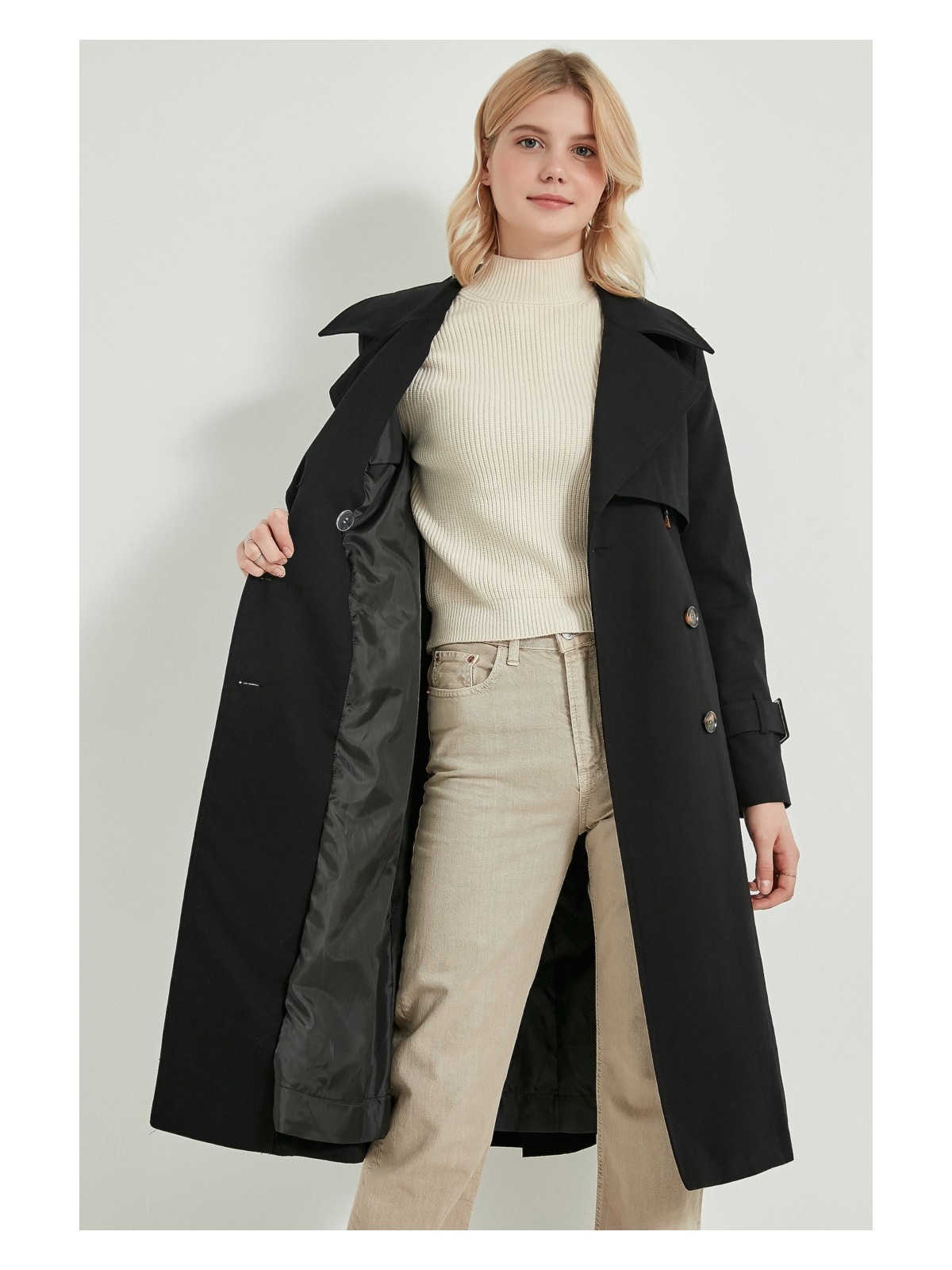 Pastelastore Pamuk Gabardin Uzun (110CM) Astarlı Kemerli Kadın Trençkot 1111 - Görsel 6