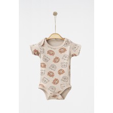 Babejix Bisiklet Yaka  Pamuklu Sevimli Ayıcık Baskılı Kahverengi Unisex Kısa Kollu Çıtçıtlı 2’li Bebek Badi