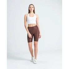 Butik İncebelli Kadın Yüksek Bel Dalgıç Kumaş Kısa Tayt Kahverengi