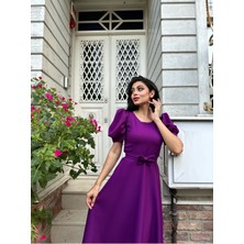 Küçüğüm Butik Mor Rengi Karpuz Kol Kloş Krep Elbise