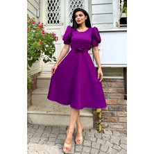 Küçüğüm Butik Mor Rengi Karpuz Kol Kloş Krep Elbise
