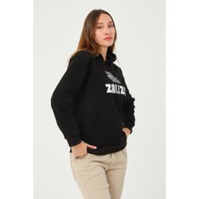 Zalizo Kadın Kapüşonlu 3 Iplik Şardonlu Siyah Sweatshirt