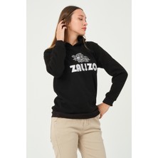 Zalizo Kadın Kapüşonlu 3 Iplik Şardonlu Siyah Sweatshirt