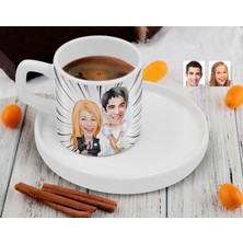 Bk Gift Kişiye Özel Sunum Tabaklı Sevgililer Karikatürlü Kahve Fincanı-16, Sevgiliye Hediye, Aileye Hediye