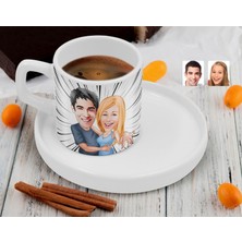 Bk Gift Kişiye Özel Sunum Tabaklı Sevgililer Karikatürlü Kahve Fincanı-14, Sevgiliye Hediye, Aileye Hediye