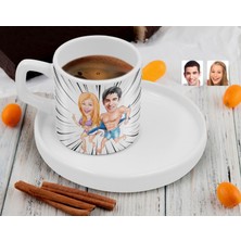 Bk Gift Kişiye Özel Sunum Tabaklı Sevgililer Karikatürlü Kahve Fincanı-8, Sevgiliye Hediye, Aileye Hediye