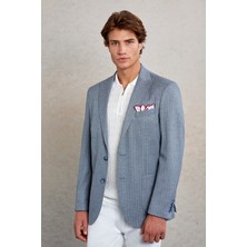 HTML Lacivert Slim Fit Çizgili Sivri Yaka Casual Ceket