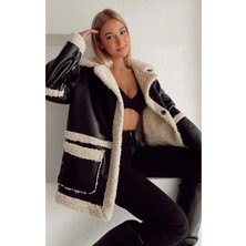 Zf Butik Kadın Siyah Peluş Cep Içi Kürklü Deri Mont