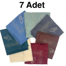 Naz İpek Taş Işlemeli Flamlı 7'li Set Yazma Gül Desenli Hediyelik Eşarp 100X100CM