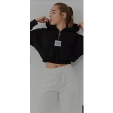 Esnoa Kadın Beli Büzgülü Kapüşonlu Yarım Fermuarlı Crop Sweatshırt