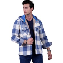 Exve Exclusive Gök Mavi Bej Ekose Dama Kareli Kapüşonlu Içi Yün Kürklü Kışlık Oduncu Ceket Gömlek