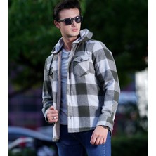 Exve Exclusive Haki Gri Ekose Dama Kareli Kapüşonlu Içi Yün Kürklü Kışlık Oduncu Ceket Gömlek