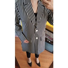 Deseo Boutique Kadın Boyuna Çizgili Beyaz Düğmeli Kot Blazer Ceket