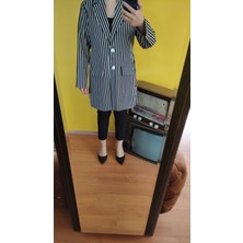 Deseo Boutique Kadın Boyuna Çizgili Beyaz Düğmeli Kot Blazer Ceket