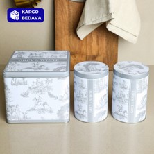 Sarkap Grey&white Seri - 3'lü Set - 2'li Metal Saklama Kabı, Köşeli Metal Kutu