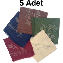 Naz İpek Taş Işlemeli Flamlı 5'li Set Yazma Gül Desenli Eşarp 100X100CM