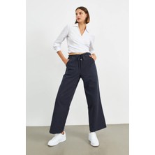 Stella Pulvis Lacivert Beli Lastikli Keten Basic Pantolon