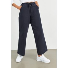 Stella Pulvis Lacivert Beli Lastikli Keten Basic Pantolon