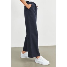 Stella Pulvis Lacivert Beli Lastikli Keten Basic Pantolon