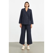 Stella Pulvis Lacivert Kruvaze Astarsız Cepli Bağlamalı Keten Ceket