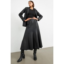 Stella Pulvis Siyah Beli Lastikli Suni Deri Maxi Etek