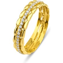 Kairos Jewelry 14 Ayar Altın Üç Sıra Taşlı Dokulu Yüzük KRS166-14GRZ