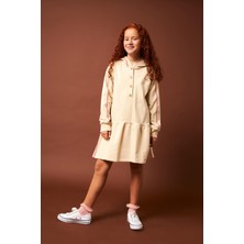 Perendi Biye Detaylı Kapüşonlu Kız Çocuk Elbise Taş