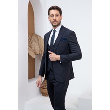 Vito Andolini Lacivert Çizgili Slim Fit Yelekli Erkek Takım Elbise