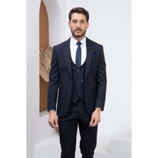 Vito Andolini Lacivert Çizgili Slim Fit Yelekli Erkek Takım Elbise