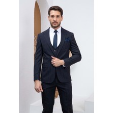 Vito Andolini Lacivert Çizgili Slim Fit Yelekli Erkek Takım Elbise