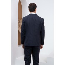 Vito Andolini Lacivert Çizgili Slim Fit Yelekli Erkek Takım Elbise