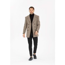 Vito Andolini Koyu Kahverengi Desenli Kaşmir Slim Fit Kruvaze Erkek Kısa Palto