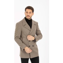 Vito Andolini Koyu Kahverengi Desenli Kaşmir Slim Fit Kruvaze Erkek Kısa Palto
