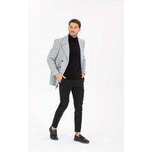 Vito Andolini Açık Gri Desenli Kaşmir Slim Fit Kruvaze Erkek Kısa Palto
