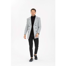 Vito Andolini Açık Gri Desenli Kaşmir Slim Fit Kruvaze Erkek Kısa Palto