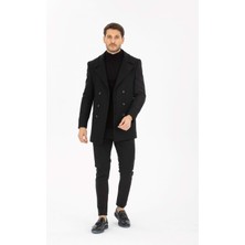 Vito Andolini Siyah Desenli Kaşmir Slim Fit Kruvaze Erkek Kısa Palto