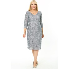Ladies First Büyük Beden 3736 Gri Ara Boy Abiye Elbise