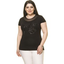 Modayız Kadın Büyük Beden Siyah Taş Işlemeli Tül Detaylı Body 15E-70007