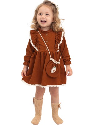 Nkds Kız Çocuk Çantalı ve Dantelli  Sonbahar ve Kışlık Salopet Elbise ( 2-3-4-5 Yaş)