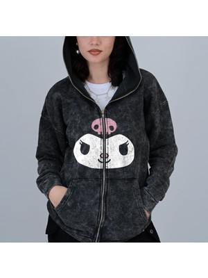 Touz Moda  Kuromi Face Baskılı Vintage Yıkamalı Full Zip Detail Unisex Oversize Kapüşonlu Hırka