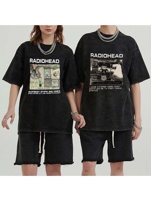 Touz Moda  Yıkamalı Radiohead Baskılı Unisex Oversize Vintage Eskitme T-Shirt