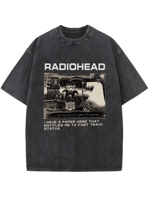 Touz Moda  Yıkamalı Radiohead Baskılı Unisex Oversize Vintage Eskitme T-Shirt