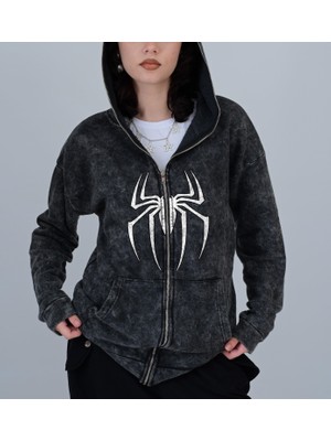 Touz Moda  Spider Baskılı Vintage Yıkamalı Full Zip Detail Unisex Oversize Kapüşonlu Hırka