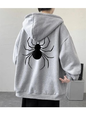 Touz Moda  Dangerous Spider Ön-Arka Baskılı Oversize Fermuarlı Gri Unisex Kapüşonlu Hırka