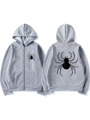 Touz Moda  Dangerous Spider Ön-Arka Baskılı Oversize Fermuarlı Gri Unisex Kapüşonlu Hırka