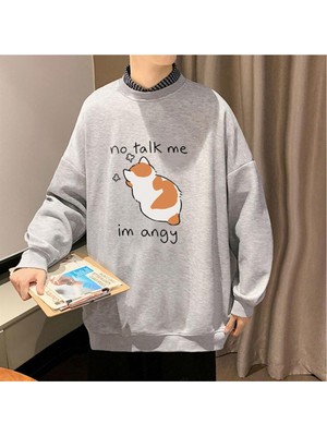 Touz Moda  No Talk Me Baskılı Gri Unisex Oversize Bisiklet Yaka Sweatshirt